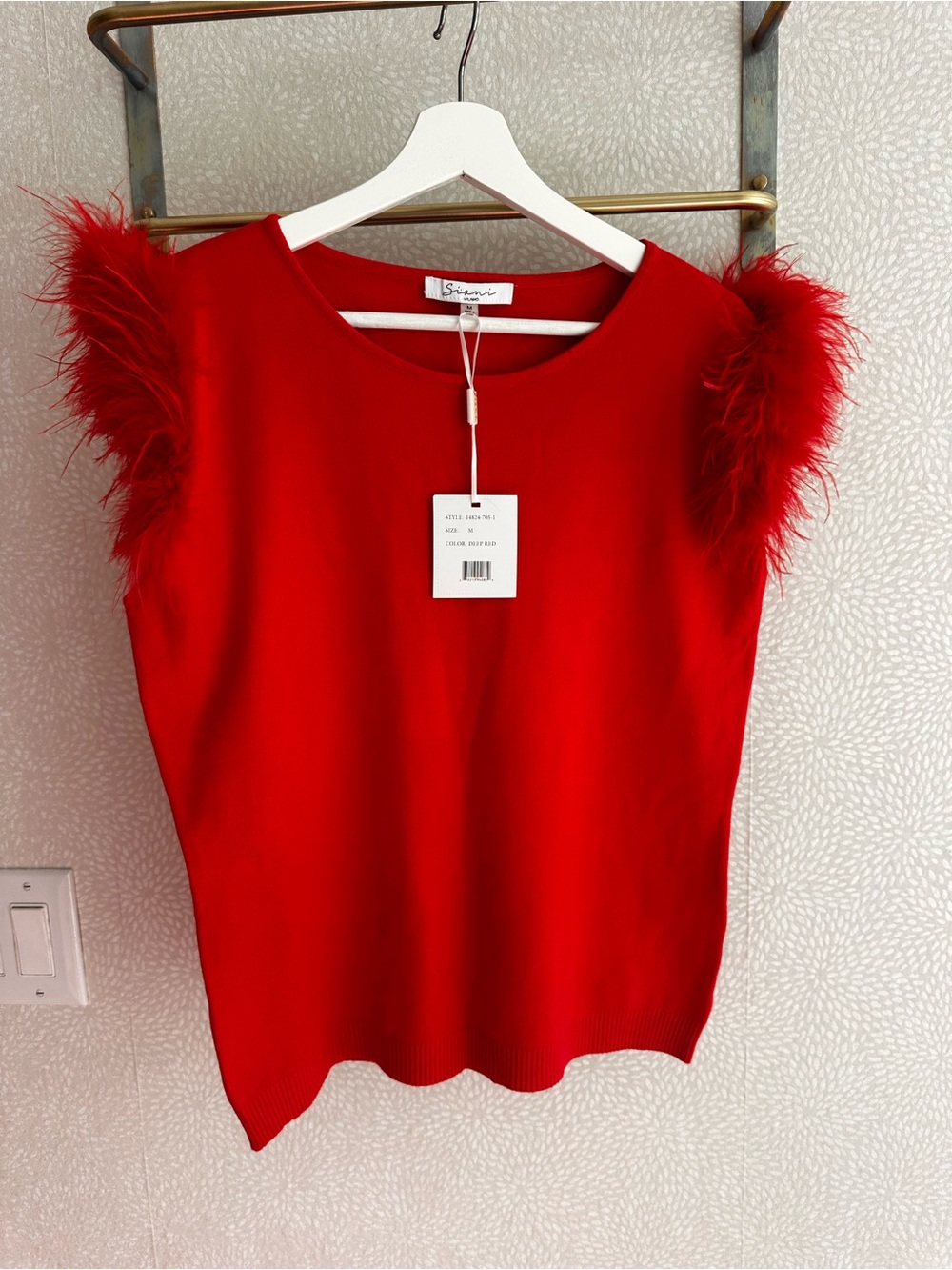 Sioni Milano Bright Red Feather-Trim Knit Top